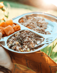 Metallic divided plate with food held by a person in a natural setting