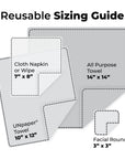 Shows Marley's Monsters size chart with dimensions of various products, including Facial Rounds and UNpaper Towels