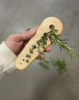 Hand holding a wooden herb stripper with fresh rosemary on a neutral background