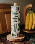 Marley's Monsters UNpaper® Towels + Wooden Holder shows cotton flannel reusable paper towels rolled like paper towels.