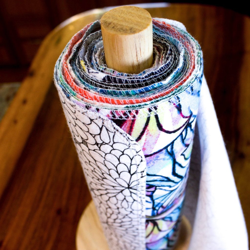 Top view of UNpaper® Towels wrapped around the Wooden Holder - Marley&#39;s Monsters